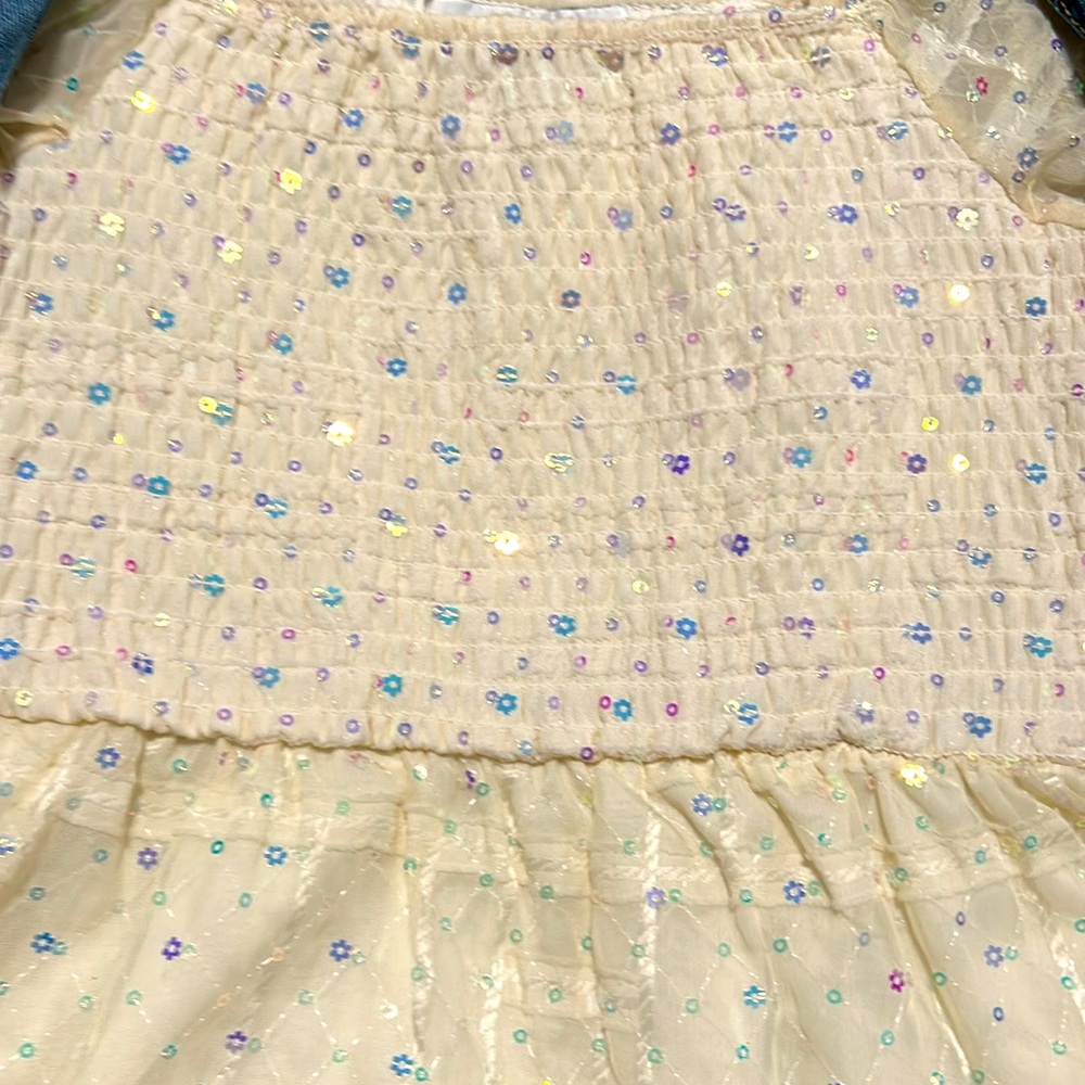 Girls 5 Sleeveless Denim Vest & Sequin-Embellished Floral Chiffon Fit-And-Flare - Picture 2 of 5